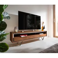 meuble-tv stonegrace 175 cm acacia marron plaqué pierre 3 tiroirs 1 compartiment pied en v noir