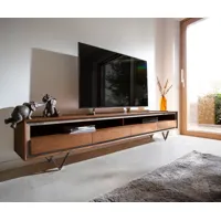 meuble-tv stonegrace 240 cm acacia marron plaqué pierre 4 tiroirs 1 compartiment pied en v noir