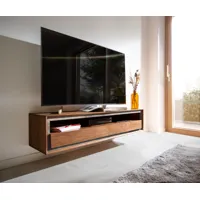 meuble-tv stonegrace 145 cm acacia marron placage pierre 2 tiroirs 1 compartiment suspendu