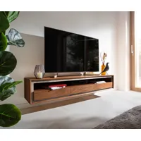 meuble-tv stonegrace 175 cm acacia marron placage pierre 3 tiroirs 1 compartiment suspendu