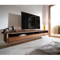 meuble-tv stonegrace 240 cm acacia marron plaqué pierre 4 tiroirs 1 compartiment suspendu