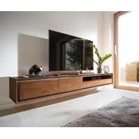 meuble-tv stonegrace 240 cm acacia marron placage pierre 2 portes 2 tiroirs 1 compartiment suspendu