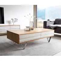 table basse kleo 115x60 cm acacia naturel 4 tiroirs pieds en v inox