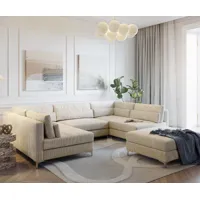 canapé panoramique elio 300x185 cm velours côtelé beige avec tabouret