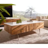 table basse bahan 115x60 cm mangue teck 2 tiroirs plateau marbre blanc pied d'angle en acier inoxydable