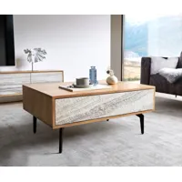 table basse kleo 80x60 cm acacia naturel 2 tiroirs pieds angulaires métal noir
