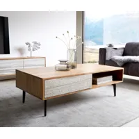 table basse kleo 115x60 cm acacia naturel 2 tiroirs pieds angulaires métal noir