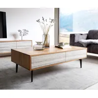 table basse kleo 115x60 cm acacia naturel 4 tiroirs pieds angulaires métal noir