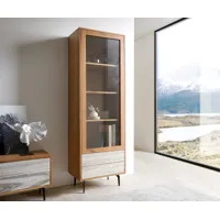 vitrine kleo 60x180 cm acacia naturel 1 porte 2 tiroirs pieds angulaires métal noir