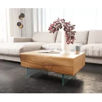 table basse new live-edge 80x60 cm acacia naturel 2 tiroirs pieds en verre