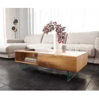 table basse new live-edge 115x60 cm acacia naturel 2 tiroirs 1 compartiment pieds en verre