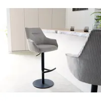 chaise-de-bar alja-flex velours côtelé gris argenté pied pivotant réglable en hauteur métal noir pivotant ressorts ensachés