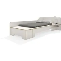 müller möbelwerkstätten lit d'une place plane  - cpl blanc avec bord en contreplaqué de bouleau - avec coffre de lit - à droite