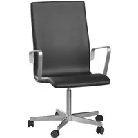 fritz hansen chaise de bureau oxford à roulettes 5 branches dossier moyen - réglable en hauteur - cuir noir - avec accoudoirs