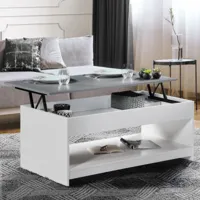 table de salon avec plateau relevable bois blanc et plateau gris