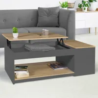 table de salon avec plateau relevable et coffre bois gris et plateau façon hêtre
