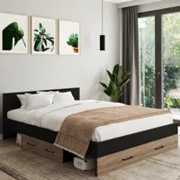 lit double 140x190cm avec tête de lit et rangements : hêtre et noir