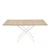 table basse relevable extensible italienne magic j  en bois naturel et piétement en acier laqué blanc