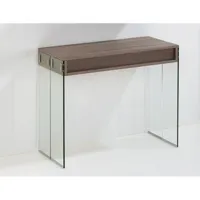 table console extensible 45 à 225 cm stef 8 couverts piétement verre clair plateau noyer
