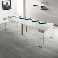table console extensible 45 à 270 cm stef xl 10 couverts piétement verre clair plateau blanc