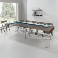table console extensible 45 à 270 cm stef xl 10 couverts piétement verre clair plateau noyer