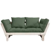 banquette méridienne futon beat pin naturel tissu coloris vert olive couchage 75*200 cm.