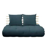 canapé lit futon shin sano bleu pétrole et pin massif couchage 140*200 cm.