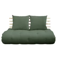 canapé lit futon shin sano vert olive pin massif couchage 140*200 cm.