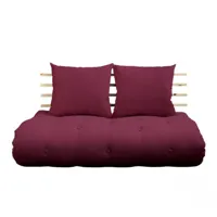canapé lit futon shin sano bordeaux et pin massif couchage 140*200 cm.