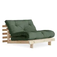 fauteuil convertible futon roots pin naturel coloris vert olive couchage 90 x 200 cm.