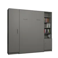 composition armoire lit escamotable smart-v2 gris mat couchage 140 x 200 cm colonne armoire et bibliothèque