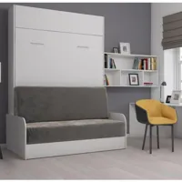 armoire lit escamotable studio sofa canapé accoudoirs blanc mat et microfibre gris couchage 140*200 cm
