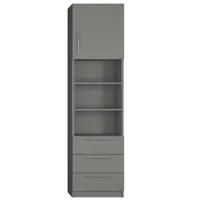 armoire de rangement 1 porte haute, bibliothèque centrale, 3 tiroirs coloris gris graphite mat largeur 50 cm