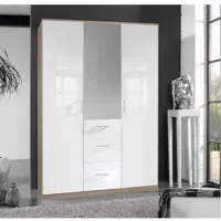armoire cooper 3 portes 3 tiroirs largeur 135 laqué blanc / décor chêne