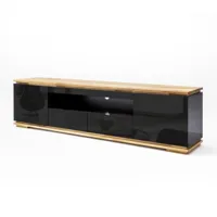 meuble tv charly noir brillant 2 tiroirs 2 portes 1 niche socle plateau chêne massif