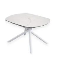 table de repas extensible mikado plateau céramique marbre blanc collé sur verre trempé, piétement en métal blanc mat