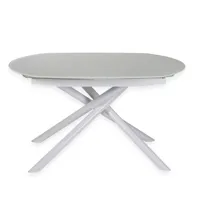 table de repas extensible mikado plateau en verre trempé blanc, piétement en métal laqué brillant