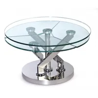 table basse carrousel à plateaux pivotants en verre et acier chromé