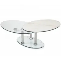 table basse double céramique marble blanc à plateaux pivotants en verre
