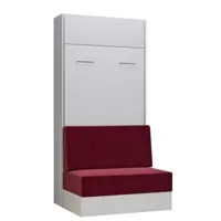 armoire lit escamotable dynamo sofa canapé intégré blanc tissu rouge 90*200 cm