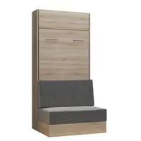 armoire lit escamotable dynamo sofa canapé intégré chêne naturel tissu gris 90*200 cm