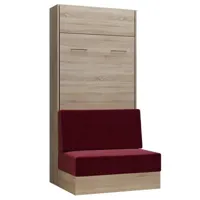 armoire lit escamotable dynamo sofa canapé intégré chêne naturel tissu rouge 90*200 cm