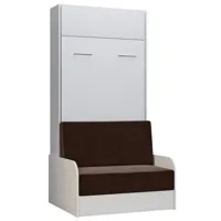 armoire lit escamotable dynamo sofa canapé accoudoirs blanc tissu marron 90*200 cm