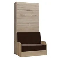 armoire lit escamotable dynamo sofa canapé accoudoirs chêne naturel tissu marron 90*200 cm