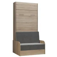 armoire lit escamotable dynamo sofa canapé accoudoirs chêne naturel tissu gris 90*200 cm
