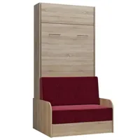 armoire lit escamotable dynamo sofa canapé accoudoirs chêne naturel tissu rouge 90*200 cm