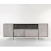 meuble tv design marco polo 180cm gris béton  portes coulissantes et piètement en verre