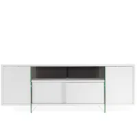 meuble tv design marco polo 180cm blanc mat  portes coulissantes et piètement en verre