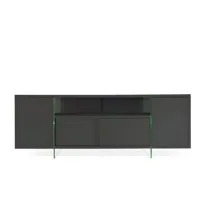 meuble tv design marco polo 180cm gris ardoise  portes coulissantes et piètement en verre