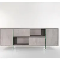 buffet/meuble tv design mady 180cm gris béton  portes coulissantes et piètement en verre